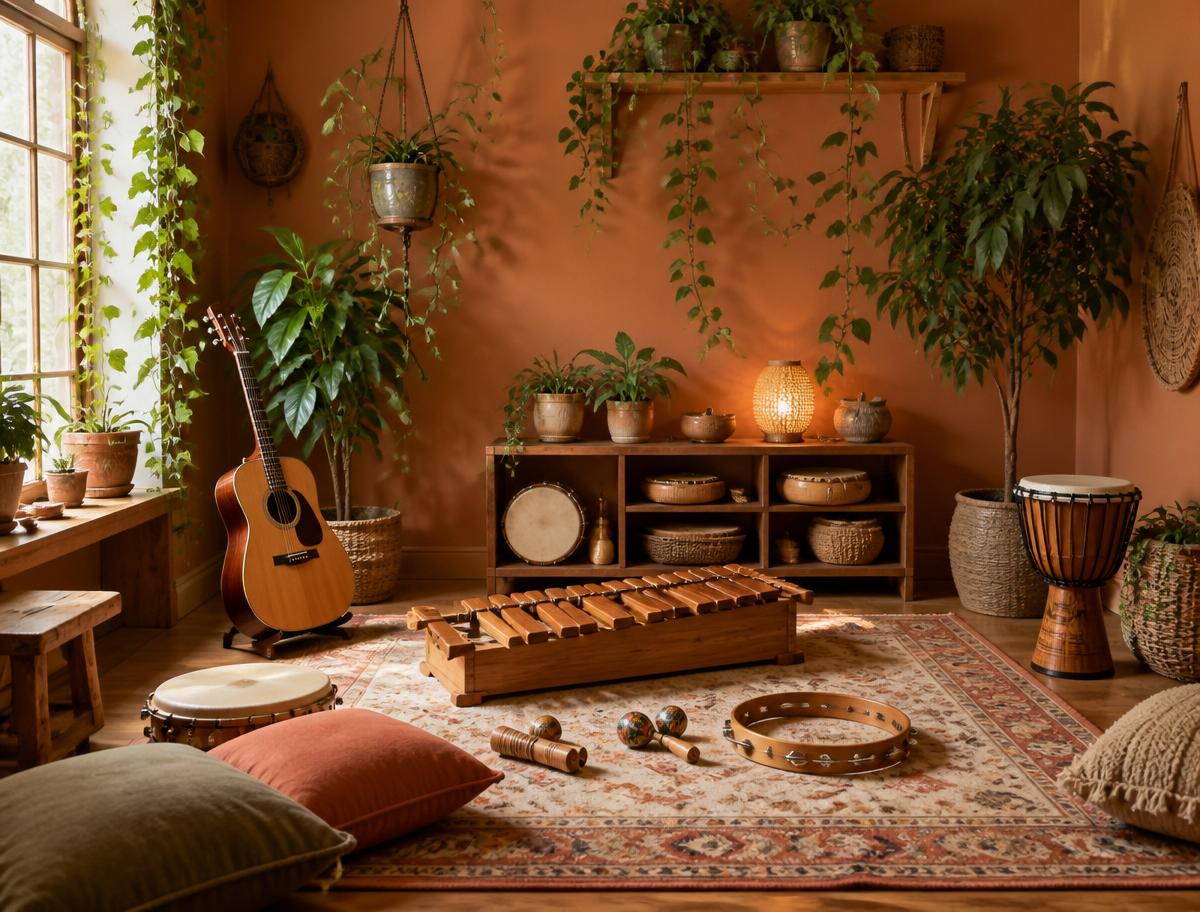 Sala acolhedora com instrumentos musicais, plantas e luz natural