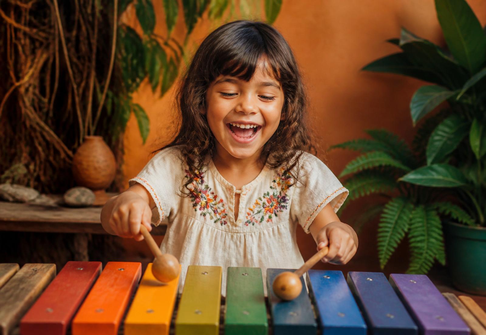 Criança sorrindo enquanto toca um xilofone colorido